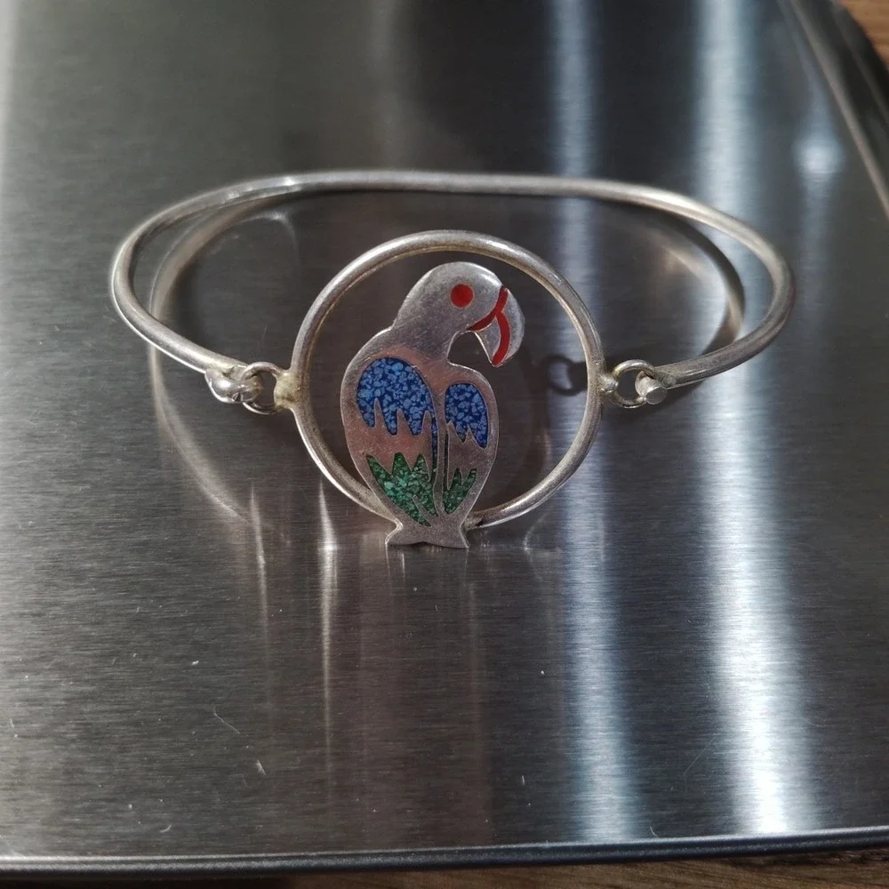 VTG MEXICO ALPACA SILVER PARROT TROPICAL BIRD BRACELET